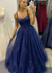 Party Dresses Long Dresses, A-line Sweetheart Spaghetti Straps Long/Floor-Length Tulle Glitter Prom Dress
