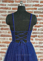 Party Dress Long Dress, A-line Sweetheart Spaghetti Straps Long/Floor-Length Tulle Glitter Prom Dress