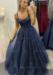 Party Dresses Express, A-line Sweetheart Spaghetti Straps Long/Floor-Length Tulle Glitter Prom Dress