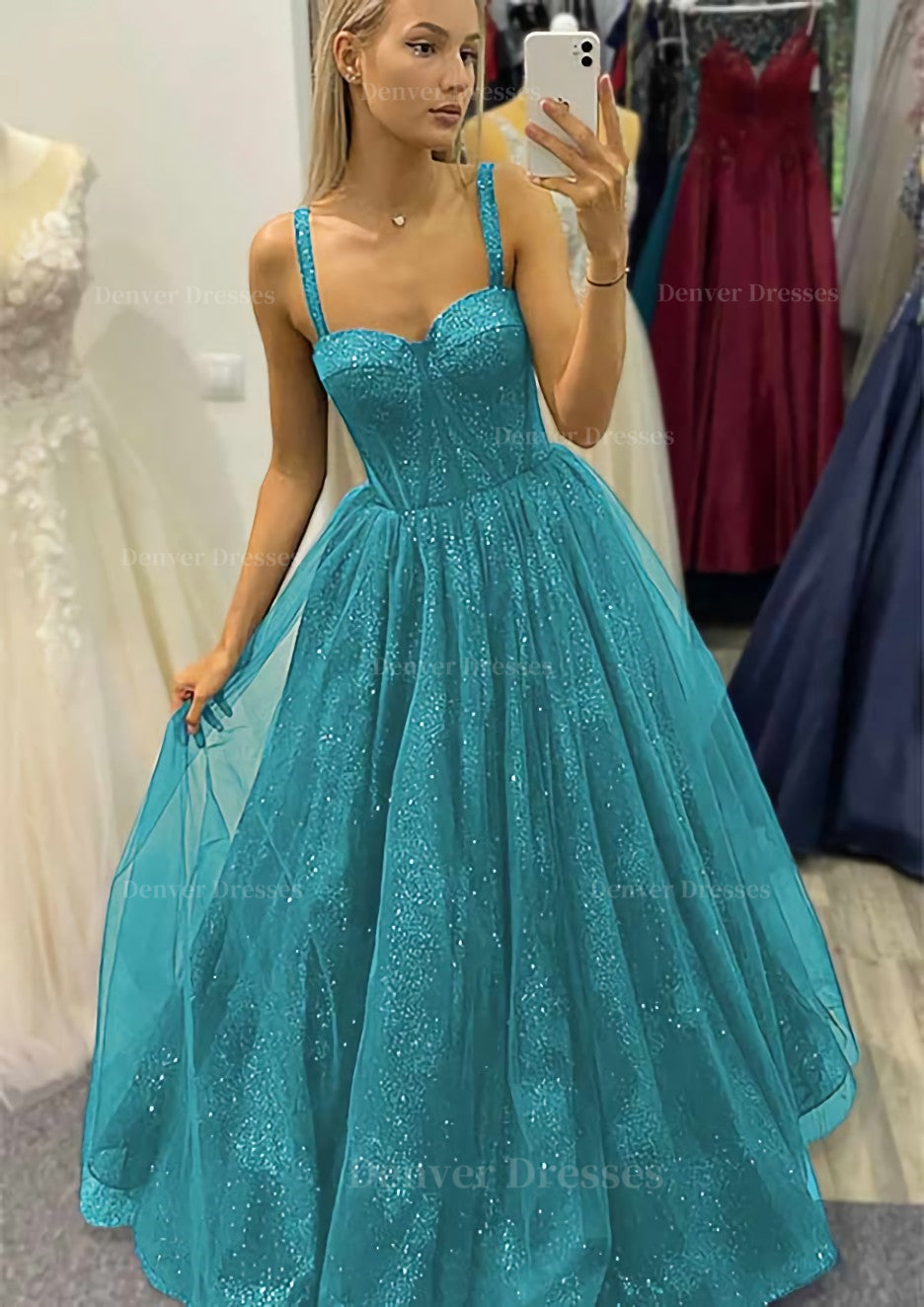 Party Dress Express, A-line Sweetheart Spaghetti Straps Long/Floor-Length Tulle Glitter Prom Dress