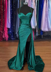Party Dress For Summer, A-line Sweetheart Spaghetti Straps Sweep Train Silk like Satin Ruched Prom Dress