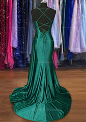 Party Dresses For Summer, A-line Sweetheart Spaghetti Straps Sweep Train Silk like Satin Ruched Prom Dress