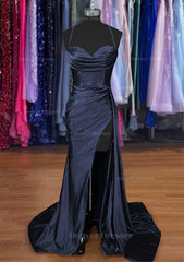 Party Dresses For Teenage Girls, A-line Sweetheart Spaghetti Straps Sweep Train Silk like Satin Ruched Prom Dress