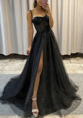 Prom Dresses Sweetheart, A-line Sweetheart Spaghetti Straps Sweep Train Tulle Glitter Prom Dress With Appliqued