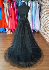 Prom Dresses Size 42, A-line Sweetheart Spaghetti Straps Sweep Train Tulle Glitter Prom Dress With Appliqued