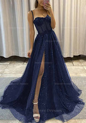 Prom Dress Size 42, A-line Sweetheart Spaghetti Straps Sweep Train Tulle Glitter Prom Dress With Appliqued