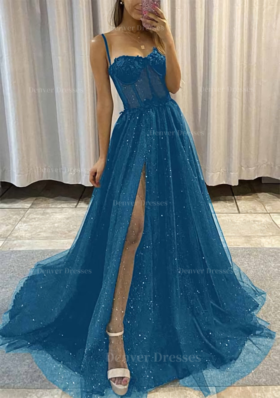 Prom Dresses 2048 Cheap, A-line Sweetheart Spaghetti Straps Sweep Train Tulle Glitter Prom Dress With Appliqued