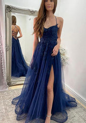 Prom Dresses Long Sleeves, A-line Sweetheart Spaghetti Straps Sweep Train Tulle Prom Dress With Appliqued Split
