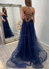 Prom Dress Elegent, A-line Sweetheart Spaghetti Straps Sweep Train Tulle Prom Dress With Appliqued Split