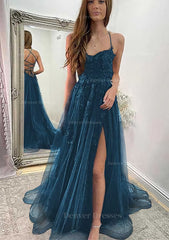 Prom Dresses Elegent, A-line Sweetheart Spaghetti Straps Sweep Train Tulle Prom Dress With Appliqued Split