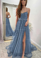 Prom Dress Shopping Near Me, A-line Sweetheart Spaghetti Straps Sweep Train Tulle Prom Dress With Appliqued Split