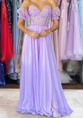 Evening Dress Elegant, A-line Sweetheart Strapless Long/Floor-Length Chiffon Prom Dress with Detachable Balloon Sleeves