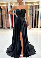 Prom Dress Long Sleeved, A-line Sweetheart Strapless Sweep Train Charmeuse Prom Dress With Pleated Split
