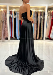 Prom Dress Long Sleeve, A-line Sweetheart Strapless Sweep Train Charmeuse Prom Dress With Pleated Split