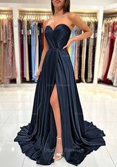 Prom Dresses Shiny, A-line Sweetheart Strapless Sweep Train Charmeuse Prom Dress With Pleated Split
