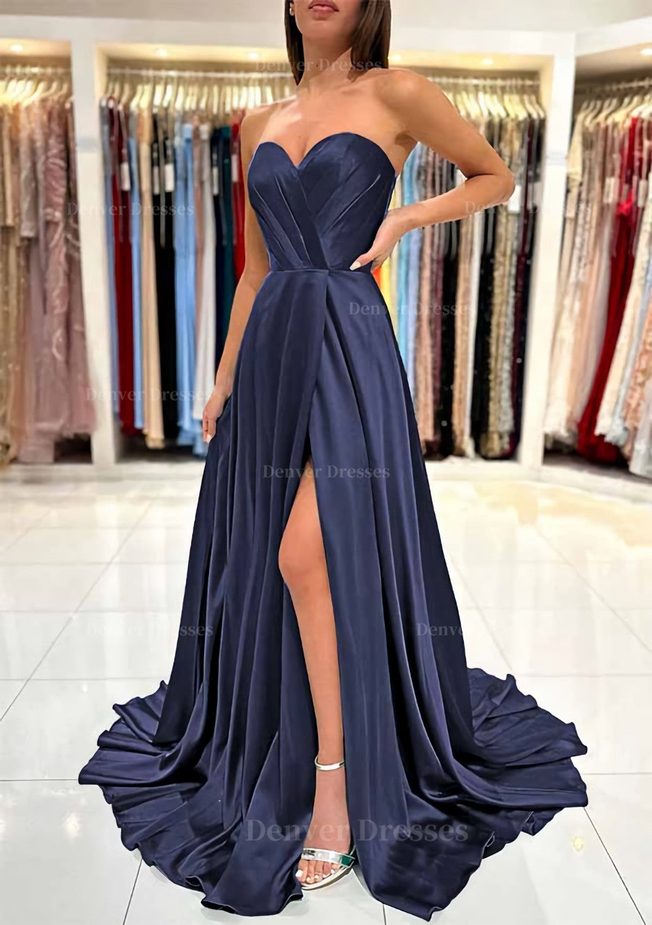 Prom Dress Shiny, A-line Sweetheart Strapless Sweep Train Charmeuse Prom Dress With Pleated Split
