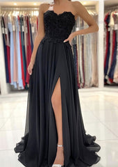 Party Dresses Night Out, A-line Sweetheart Sweep Train Chiffon Prom Dress With Lace Beading Split