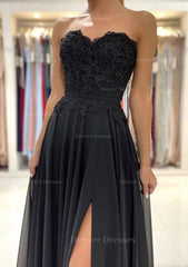 Party Dress Ideas For Winter, A-line Sweetheart Sweep Train Chiffon Prom Dress With Lace Beading Split