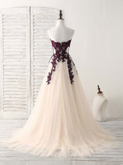 Party Dresses White, A-Line Sweetheart Tulle Lace Applique Burgundy Long Prom Dress, Bridesmaid Dress