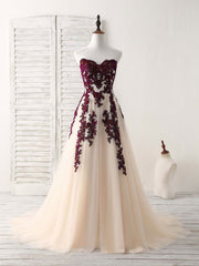 Party Dress Classy Christmas, A-Line Sweetheart Tulle Lace Applique Burgundy Long Prom Dress, Bridesmaid Dress
