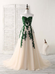 Prom Dress Elegant, A-Line Sweetheart Tulle Lace Applique Green Long Prom Dress, Bridesmaid Dress