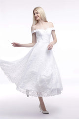 Wedding Dresses Website, A Line Tea Length Lace Off Shoulder Mid-length Wedding Dresses