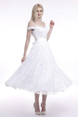 Wedding Dress For Outside Wedding, A Line Tea Length Lace Off Shoulder Mid-length Wedding Dresses