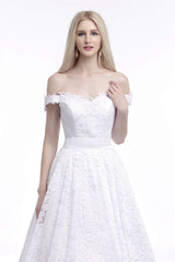 Wedding Dress Website, A Line Tea Length Lace Off Shoulder Mid-length Wedding Dresses