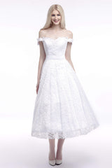 Wedding Dresses Websites, A Line Tea Length Lace Off Shoulder Mid-length Wedding Dresses