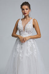 Wedding Dresses For Bridesmaid, A-Line tulle applique sleeveless floor length wedding dress