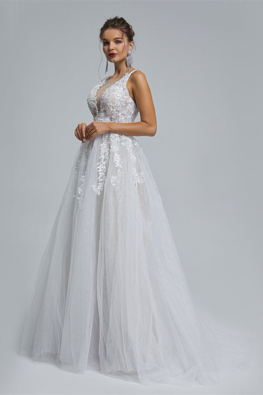 Wedding Dresses Design, A-Line tulle applique sleeveless floor length wedding dress