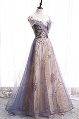 Party Dresses Miami, A-Line Tulle Long Prom Dress with Sequins, Cute Scoop Neckline Evening Dress