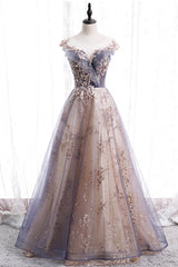 Party Dress Short Clubwear, A-Line Tulle Long Prom Dress with Sequins, Cute Scoop Neckline Evening Dress