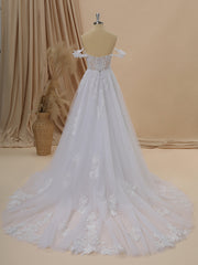 Wedding Dresses 2022 Trend New, A-line Tulle Off-the-Shoulder Appliques Lace Cathedral Train Corset Wedding Dress