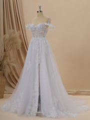 Wedding Dresses For Maids, A-line Tulle Off-the-Shoulder Appliques Lace Cathedral Train Corset Wedding Dress