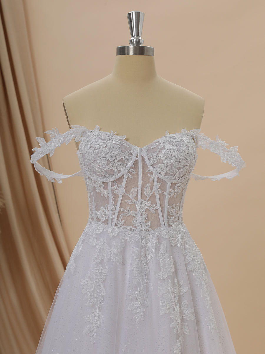 Wedding Dress Southern, A-line Tulle Off-the-Shoulder Appliques Lace Cathedral Train Corset Wedding Dress