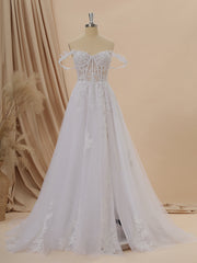 Wedding Dresses Ball Gowns, A-line Tulle Off-the-Shoulder Appliques Lace Cathedral Train Corset Wedding Dress