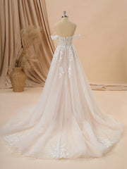 Wedding Dress Fabrics, A-line Tulle Off-the-Shoulder Appliques Lace Cathedral Train Wedding Dress