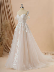 Wedding Dress Fabric, A-line Tulle Off-the-Shoulder Appliques Lace Cathedral Train Wedding Dress