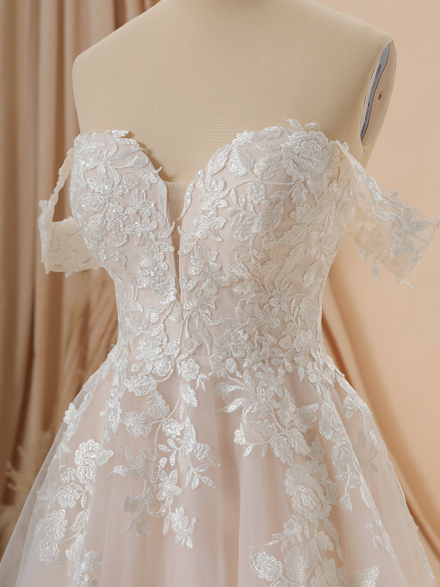 Wedding Dresses Fabric, A-line Tulle Off-the-Shoulder Appliques Lace Cathedral Train Wedding Dress