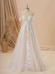 Wedding Dresses Lace Sleeve, A-line Tulle Off-the-Shoulder Appliques Lace Cathedral Train Wedding Dress