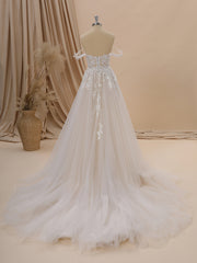 Wedding Dresses For Bride Boho, A-line Tulle Off-the-Shoulder Appliques Lace Chapel Train Wedding Dress