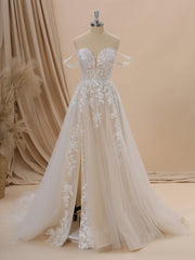 Wedding Dresses Princesses, A-line Tulle Off-the-Shoulder Appliques Lace Chapel Train Wedding Dress