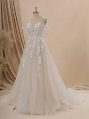 Wedsing Dress Princess, A-line Tulle Off-the-Shoulder Appliques Lace Chapel Train Wedding Dress