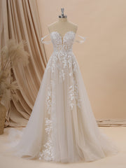 Wedding Dress Lace Simple, A-line Tulle Off-the-Shoulder Appliques Lace Chapel Train Wedding Dress