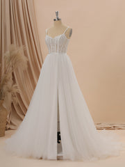 Wedding Dress Flower, A-line Tulle Spaghetti Straps Appliques Lace Chapel Train Corset Wedding Dress