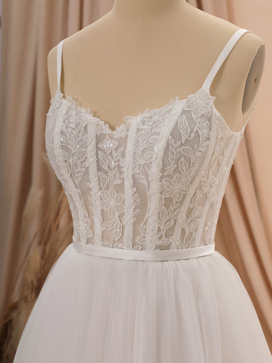Wedding Dress Flowers, A-line Tulle Spaghetti Straps Appliques Lace Chapel Train Corset Wedding Dress