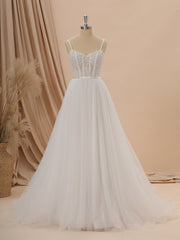 Wedding Dresses And Veils, A-line Tulle Spaghetti Straps Appliques Lace Chapel Train Corset Wedding Dress