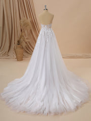 Wedsing Dress Off The Shoulder, A-line Tulle Sweetheart Appliques Lace Cathedral Train Corset Wedding Dress