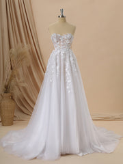 Wedding Dress A Line Sleeves, A-line Tulle Sweetheart Appliques Lace Cathedral Train Corset Wedding Dress